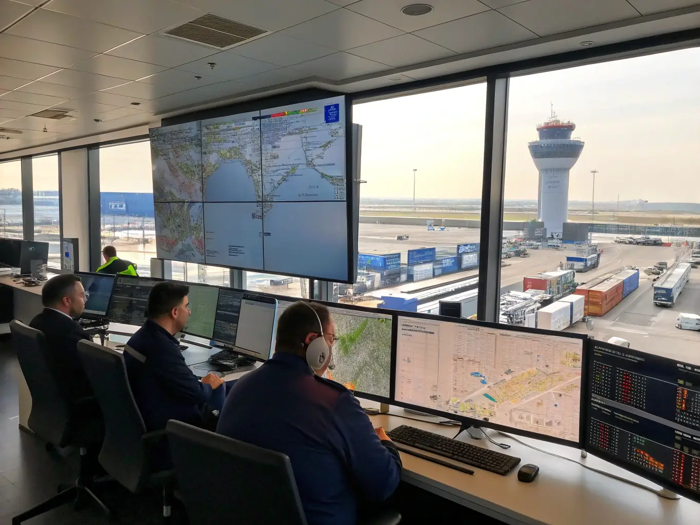 A team of professionals in a control room monitoring tanker operations, representing Ocean Tankers' tanker management services.